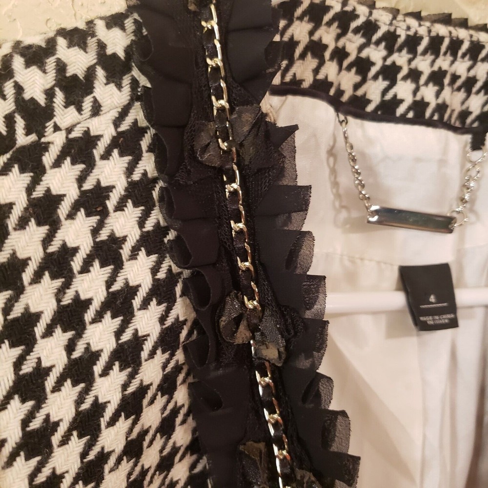 White House Black Market Houndstooth Blazer Chain Trim Hook Closure Size 4 - Picture 2 of 11